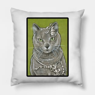 Gray Kitty with Ribbon - Black Outlined Version Pillow