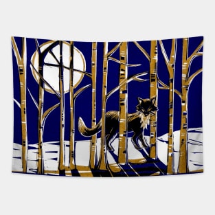 Fox in Moonlit Forest Linocut in blue and gold Tapestry