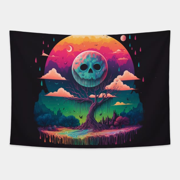 A Full Skull Moon Smiles Down On You - Psychedelic Landscape - Paint Dripping 3D Illustration - Colorful Haunted Nature Scene Tapestry by JensenArtCo