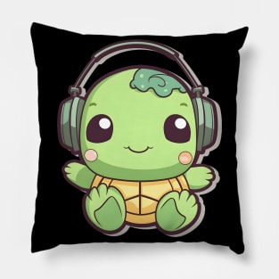 Green Turtle with Headphones Pillow