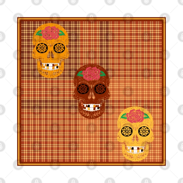 Halloween Sugar Skulls On Autumn Plaid by justrachna