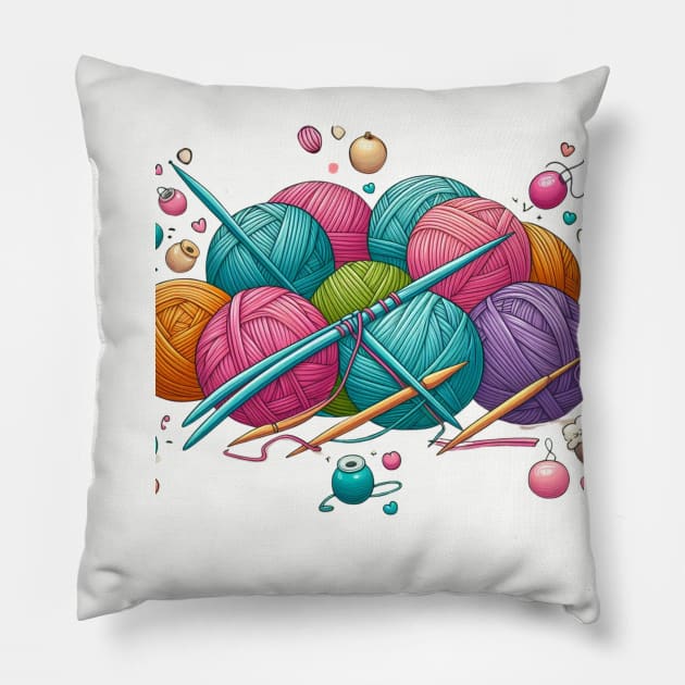 Crafter Knitting Needles and Balls of Yarn Pillow by MugMusewear