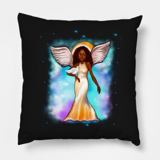 Angel with dove - Black angel of peace  ! with Afro hair, green eyes, Cherry pink lips and dark brown skin. Hair love ! Pillow