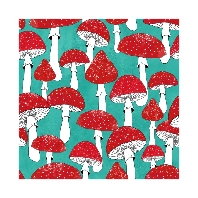 Red mushrooms on turquoise blue by LavishSeason