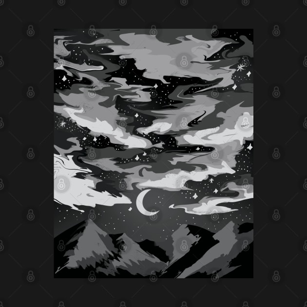 Dark cloudy sky above mountains with a crescent moon by VictoriaLehnard