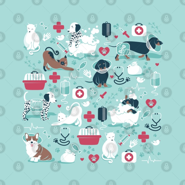 Veterinary medicine, happy and healthy friends // aqua background red details navy blue white and brown cats dogs and other animals by SelmaCardoso