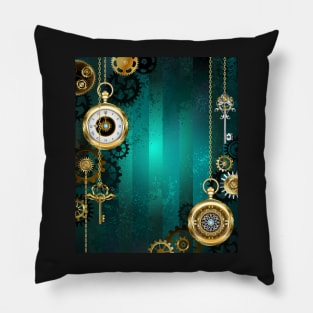 Jewelry Watch on a Green Background ( Steampunk ) Pillow