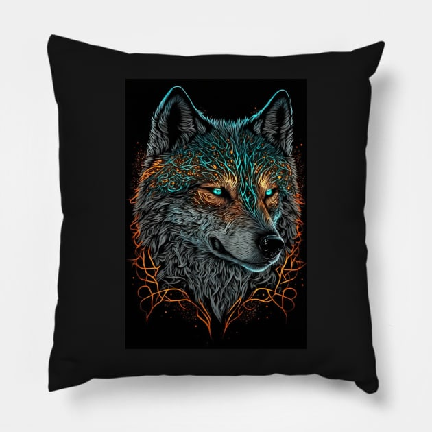 Mean Wolf portrait with teal and orange glow Pillow by KoolArtDistrict