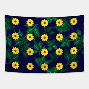 Yellow daisies with Cerise centres over layers of vine leaves on a Navy Blue background Tapestry