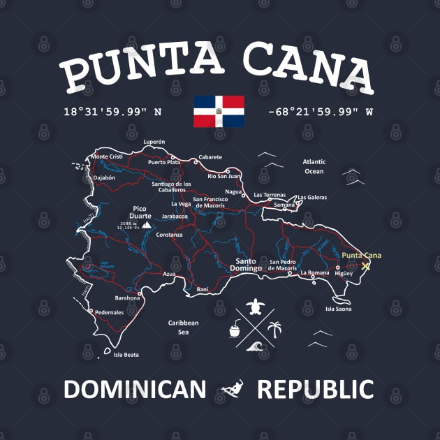 Punta Cana Dominican Republic Travel Map Flag Coordinates Roads Rivers and Oceans by French Salsa