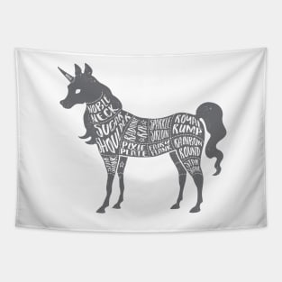 Unicorn - Fantasy Butcher Cuts of Meat - Gray on Black Tapestry