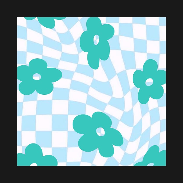 groovy pinterest checkered abstract blue flower print by SunwaveStickers