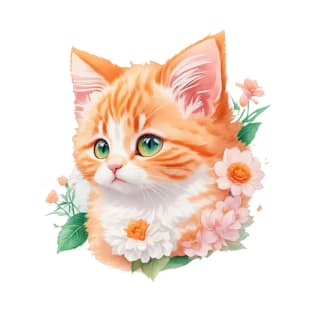 Ginger Whiskers: Vintage-Inspired Kitten and Floral Fantasy T-Shirt