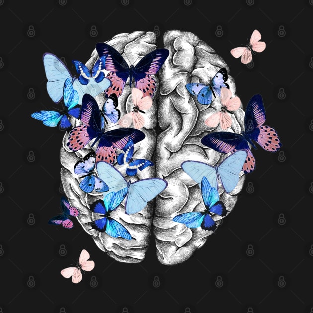 Brain human anatomy,blue butterflies,mental, watercolor by Collagedream