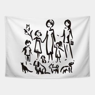 Stick figure family in black ink Tapestry