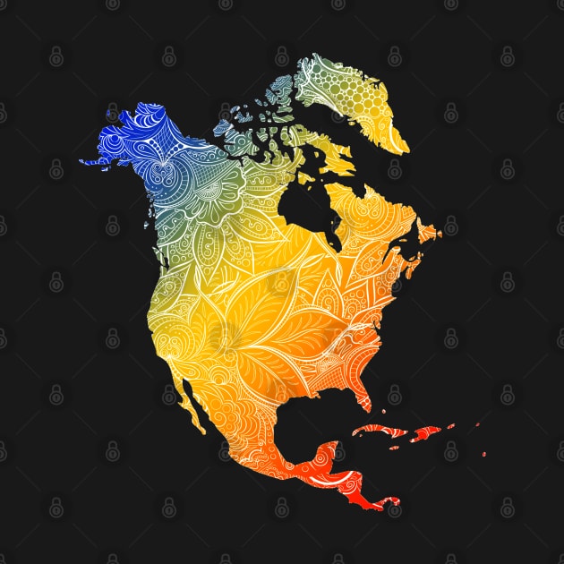Colorful mandala art map of North America with text in blue, yellow, and red by Happy Citizen