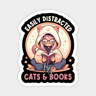 Easily Distracted by Cats and Books Funny Cat Lover Magnet