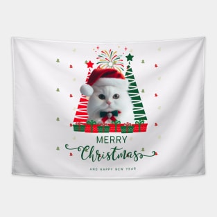 White cat in Santa hat with Christmas tree Merry Christmas and happy New Year,Brafdesign Tapestry