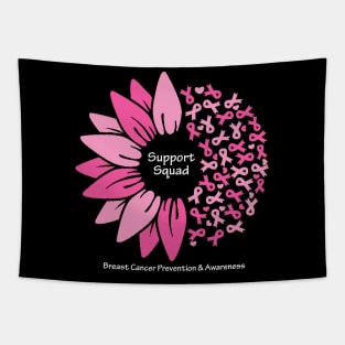 Breast cancer support squad with flower, ribbons & white type Tapestry