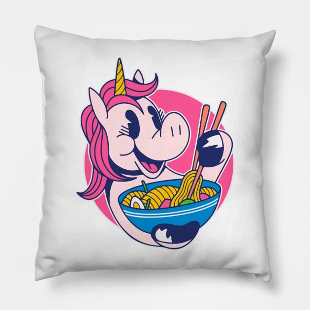 unicorn eating ramen Pillow by timegraf