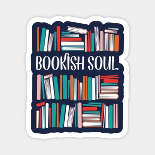 Bookish soul // oxford navy blue bookshelf background orange neon red white and flesh coral books Magnet