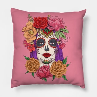 Beautiful Dia de los Muertos Girl with Roses Pillow