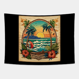 a beach scene with palm trees Tapestry