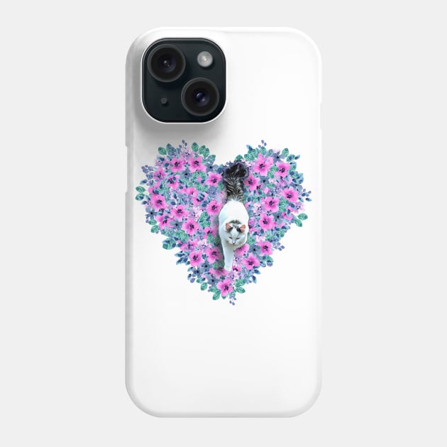 White and Grey Cat with Fluffy Tail and Watercolor Flower Heart on the Background, Painting Phone Case by Cartoon Cosmos