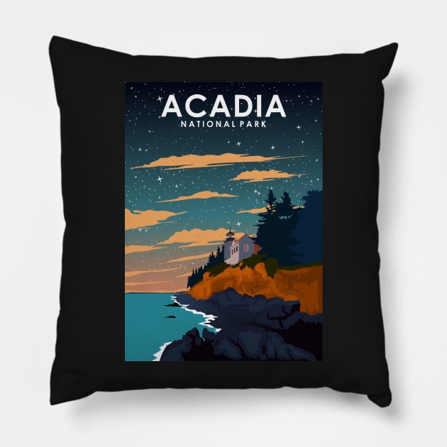 Acadia National Park at Night Vintage Minimal Retro Travel Poster Pillow by jornvanhezik