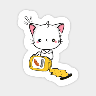 Cute White Angora Cat Spilled a jar of mustard sauce Magnet