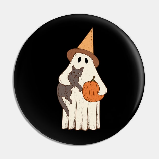 Vintage Ghost with Cat Halloween Graphic Pin by gogo-jr