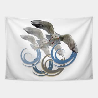 Gulls Soaring Over Waves Tapestry