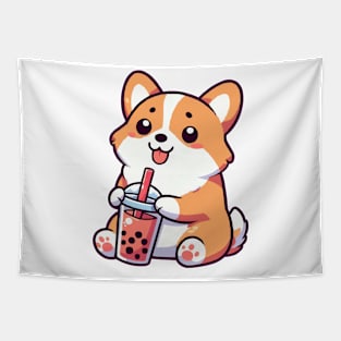 cute corgi loves boba milk tea Tapestry