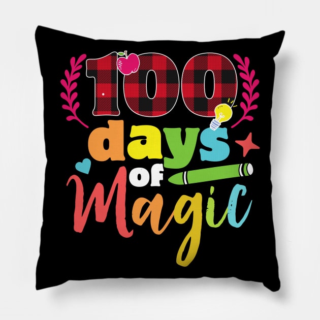 100 days of magic cute red plaid 100th day of school gift for students and teachers Pillow by BadDesignCo