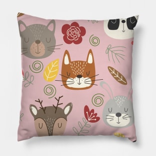 Woodland animals kids pattern pink background Pillow