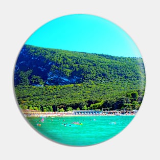 View from Molo Portonovo at the Adriatic Sea with waters, beach, equipment Pin