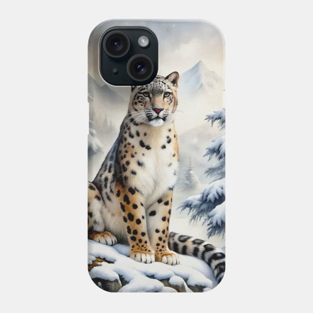 A Proud Snow Leopard Went Hunting, in the Snowy forest, Hight Mountains, Snow Falling, Winter Landscape, Wildlife White Panthera, Watercolor Realistic Illustration, Art, Portrait, Poster, Shirt, Christmas Holiday, Birthday gifts, Hunting lover Phone Case by sofiartmedia