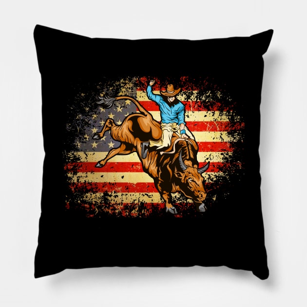 Bull Riding Rodeo Patriotic Distressed American Flag Western T-Shirt Pillow by Dr_Squirrel