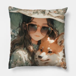 Girl sleeping with shiba inu dog Pillow