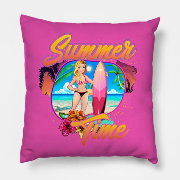 Summer Time surfer girl cute flowers beach Pillow by SpaceWiz95