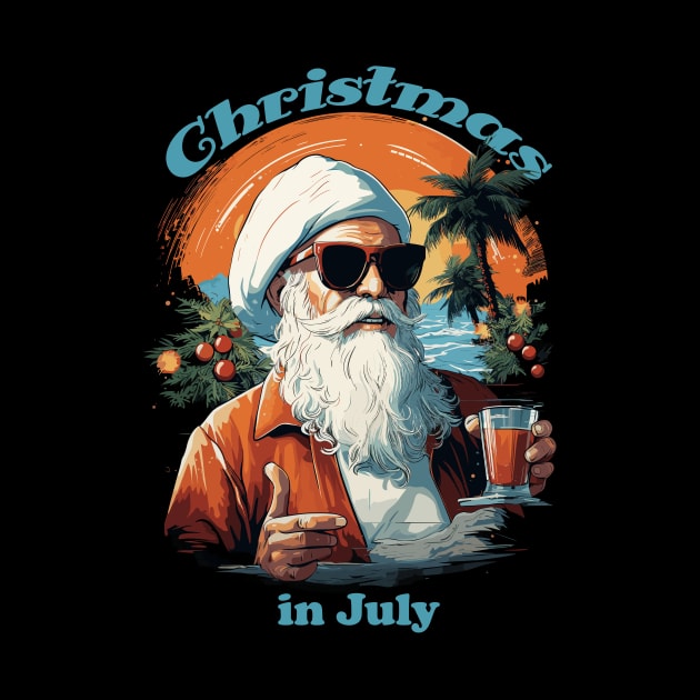 Beachside Santa | "Christmas in July" Festive Portrait T-Shirt by Indigo Lake