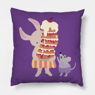Happy Birthday , greeting card, with a rabbit holding a high cake that almost will fall Pillow