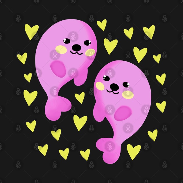 Two funny cute pink little seal pups swimming in the sea of pink hearts cartoon. Seals in love. Gift ideas for marine animal lovers. Falling in love. by BlaiseDesign