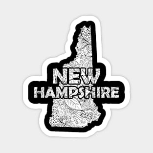 Mandala art map of New Hampshire with text in white Magnet