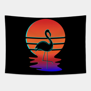 Wading Flamingo Silhouette in front of Retro Glitch Sunset Tapestry