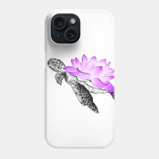 Detailed Sea Turtle with Neon Lotus Flower as Shell Phone Case