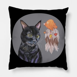 Portrait of the Black Cat with a Dream Catcher Pillow