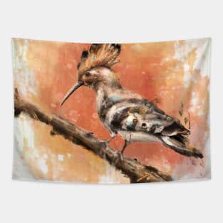 Painting of Hoopoe Standing on a Tree Branch on Orange Background Tapestry