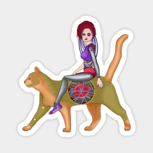 Girl and  red cat. Cyber witch. Cyberpunk Magnet