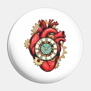 Mechanical Heart with Clock face and Gears Pin